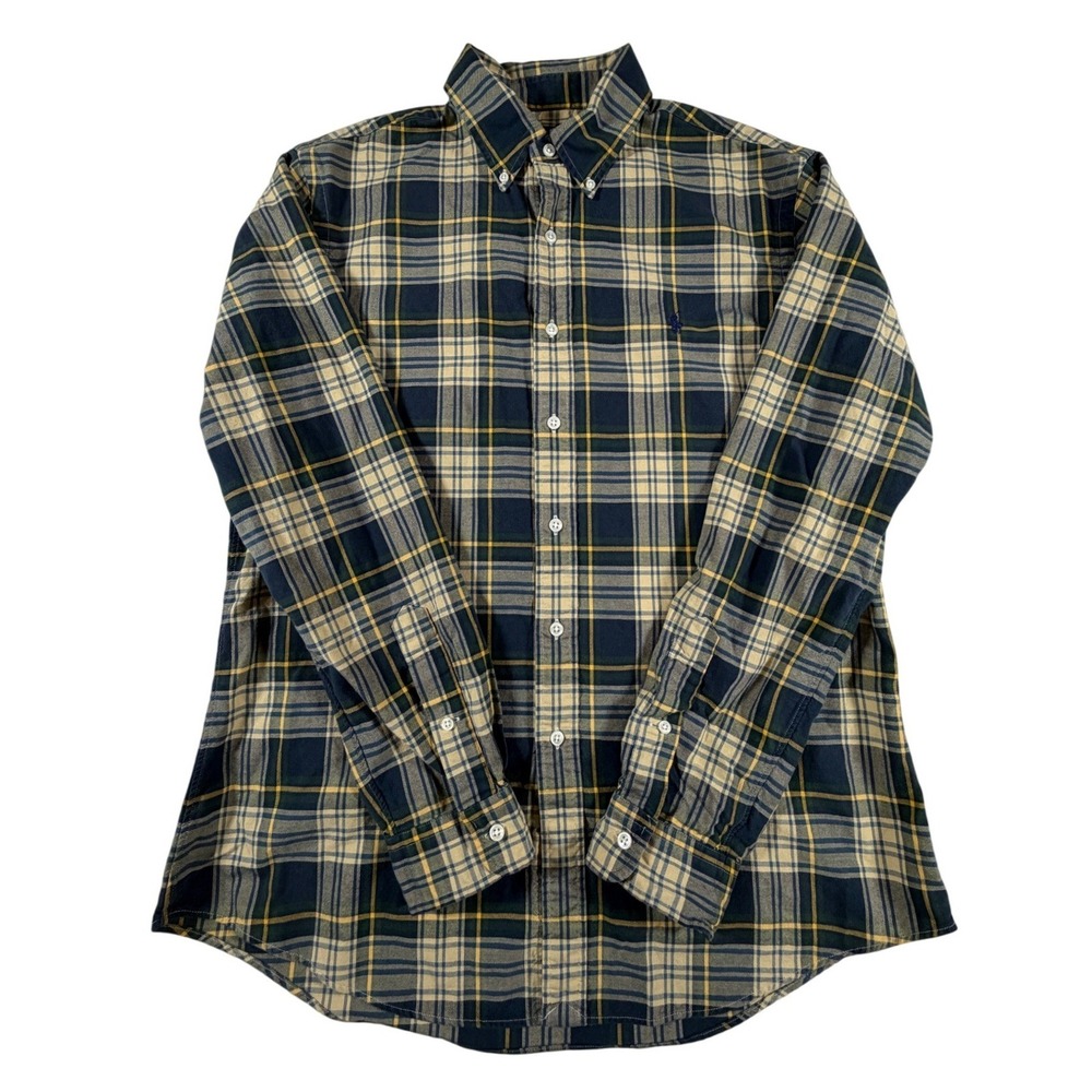 Ralph Lauren Custom Fit Plaid Button Down Shirt‎ Navy Green Tan Mens Large
